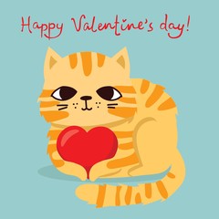 Vector illustration card with cute cartoon little Valentine cat in love and funny greeting text Happy Valentine's Day