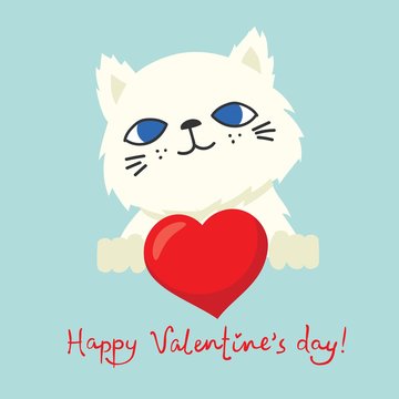 Vector illustration card with cute cartoon little Valentine cat in love and funny greeting text Happy Valentine's Day