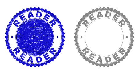 Grunge READER stamp seals isolated on a white background. Rosette seals with grunge texture in blue and grey colors. Vector rubber stamp imprint of READER label inside round rosette.