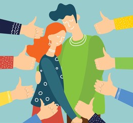Vector illustration of concept of public approval with young woman and man, couple in love surrounded by hands with thumbs up in flat style