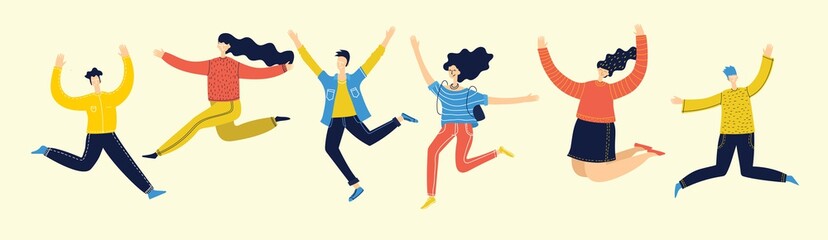 Concept of group of young people jumping on light background. Stylish modern vector illustration with happy male and female teenagers enjoying the life
