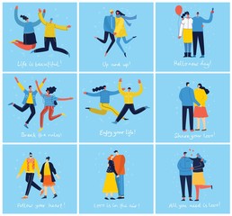 Concept of group of young people jumping on blue background, hugging coule in love. Stylish modern vector illustration cards with happy male and female teenagers and hand drawing motivative quotes