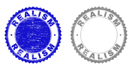 Grunge REALISM stamp seals isolated on a white background. Rosette seals with grunge texture in blue and grey colors. Vector rubber overlay of REALISM label inside round rosette.