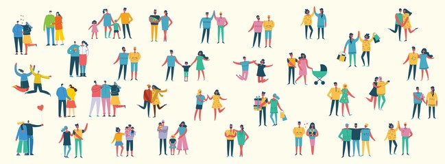Fototapeta na wymiar Vector illustration of different family people with children, couples, friends in the flat style.
