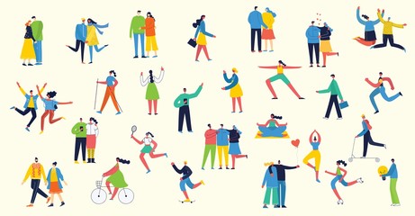 Fototapeta na wymiar Vector illustration in a flat style of different activities people jumping, dancing, walking, couple in love, doing sport in flat style 
