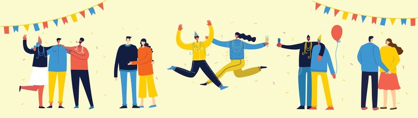 Vector cartoon illustration of Happy group of people celebrating, jumping on the party. The concept of friendship, healthy lifestyle, success, celebrating, party. Female and Male flat characters