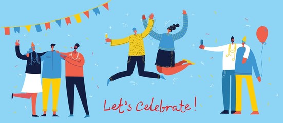 Vector cartoon illustration of Happy group of people celebrating, jumping on the party. The concept of friendship, healthy lifestyle, success, celebrating, party. Female and Male flat characters 