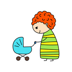 Smiling mother with stroller simple vector illustration on white background. Young mommy with pram