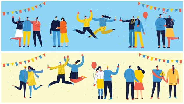 Vector cartoon illustration of Happy group of people celebrating, jumping on the party. The concept of friendship, healthy lifestyle, success, celebrating, party. Female and Male flat characters 