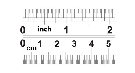 Ruler 2 inshes. Ruler 5 centimeters. Value of division - 32 divisions by inch and 0.5 mm. Precise length measurement device. Calibration grid.