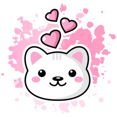 Obraz na płótnie Canvas Cute kawaii cat cartoon character with heart. Beautiful Kawaii vector illustration for greeting card/poster/sticker.