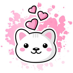 Cute kawaii cat cartoon character with heart. Beautiful Kawaii vector illustration for greeting card/poster/sticker.