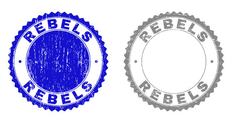 Grunge REBELS stamp seals isolated on a white background. Rosette seals with grunge texture in blue and gray colors. Vector rubber watermark of REBELS title inside round rosette.