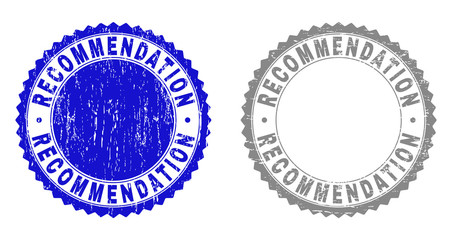 Grunge RECOMMENDATION stamp seals isolated on a white background. Rosette seals with grunge texture in blue and grey colors. Vector rubber stamp imprint of RECOMMENDATION label inside round rosette.