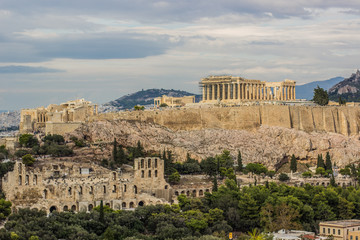 Acropolis reconstruction photography from opposite rock urban Athens - capital of Greece city landmark view 