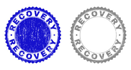 Grunge RECOVERY stamp seals isolated on a white background. Rosette seals with grunge texture in blue and grey colors. Vector rubber stamp imitation of RECOVERY label inside round rosette.