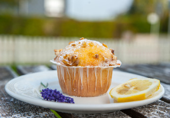 Homemade cupcake with fresh lemon and purple flower