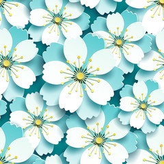 Seamless pattern with blue, white cherry blossom