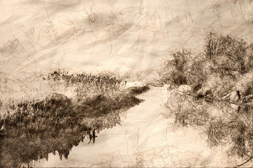Fototapeta premium Sketch of a Frosty Morning in the Marsh