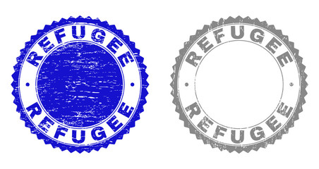 Grunge REFUGEE stamp seals isolated on a white background. Rosette seals with grunge texture in blue and grey colors. Vector rubber stamp imprint of REFUGEE caption inside round rosette.
