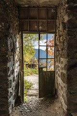 Door at Berengaria abandoned hotel in mountain region of Trodos, Cyprus