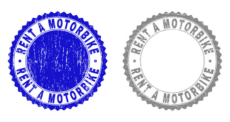 Grunge RENT A MOTORBIKE stamp seals isolated on a white background. Rosette seals with distress texture in blue and gray colors.