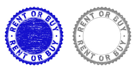 Grunge RENT OR BUY stamp seals isolated on a white background. Rosette seals with grunge texture in blue and grey colors. Vector rubber stamp imitation of RENT OR BUY tag inside round rosette.