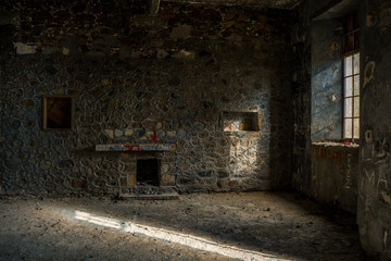 Fototapeta na wymiar Interior of Berengaria abandoned hotel in mountain region of Trodos, Cyprus