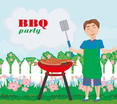 Man Cooking meat on Grill - invitation to the party