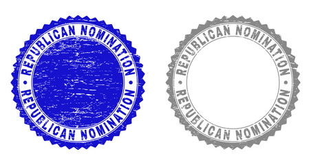 Grunge REPUBLICAN NOMINATION stamp seals isolated on a white background. Rosette seals with grunge texture in blue and grey colors.