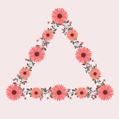 Floral greeting card and invitation template for wedding or birthday anniversary, Vector triangle shape of text box label and frame, Pink flowers wreath ivy style with branch and leaves.