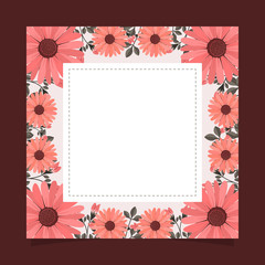 Obraz premium Floral greeting card and invitation template for wedding or birthday anniversary, Vector square shape of text box label and frame, Pink flowers wreath ivy style with branch and leaves.