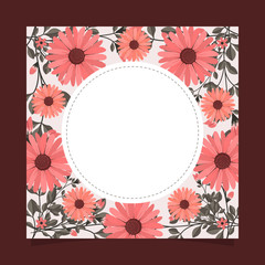 Floral greeting card and invitation template for wedding or birthday anniversary, Vector circle shape of text box label and frame, Pink flowers wreath ivy style with branch and leaves.