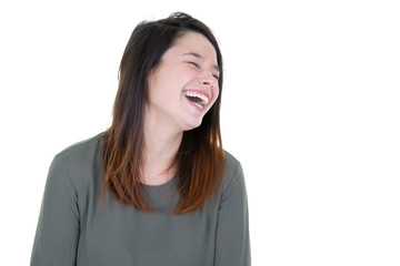 Young cheerful happy girl smiling laughing over white background