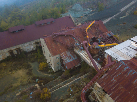 Aerial of Amiantos abandoned asbestos mine in mountain region of Trodos on Cyprus