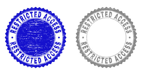 Grunge RESTRICTED ACCESS stamp seals isolated on a white background. Rosette seals with grunge texture in blue and gray colors.