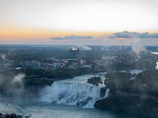 Aerial sunrise view of the beautiful Niagara River and Niagara Falls city