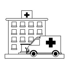 hospital building and ambulance black and white