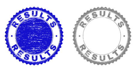 Grunge RESULTS stamp seals isolated on a white background. Rosette seals with grunge texture in blue and gray colors. Vector rubber stamp imitation of RESULTS text inside round rosette.