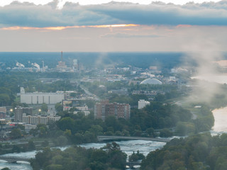 Fototapeta premium Aerial sunrise view of the beautiful Niagara River and Niagara Falls city