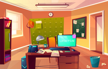 Vector cartoon background of workplace of private detective or policeman. Desk with computer, criminal cases and chair for clients. Interior of police department, cabinet for investigation.