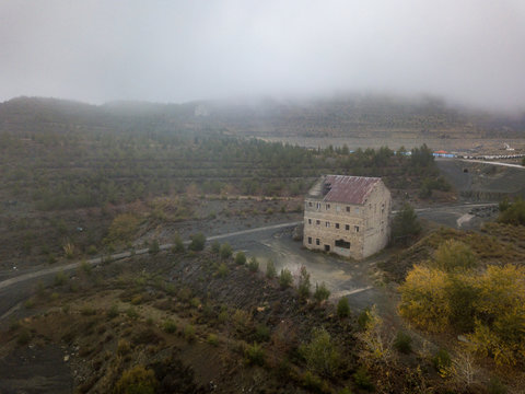 Aerial of Amiantos abandoned asbestos mine in mountain region of Trodos on Cyprus