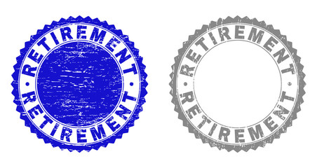 Grunge RETIREMENT stamp seals isolated on a white background. Rosette seals with grunge texture in blue and grey colors. Vector rubber stamp imitation of RETIREMENT tag inside round rosette.