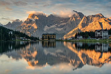 Misurina lake at sunrise, Dolomites, Italy