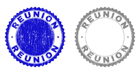 Grunge REUNION stamp seals isolated on a white background. Rosette seals with distress texture in blue and grey colors. Vector rubber stamp imitation of REUNION tag inside round rosette.