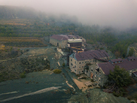 Aerial of Amiantos abandoned asbestos mine in mountain region of Trodos on Cyprus
