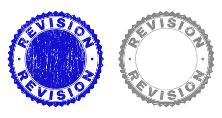 Grunge REVISION stamp seals isolated on a white background. Rosette seals with grunge texture in blue and grey colors. Vector rubber stamp imitation of REVISION tag inside round rosette.