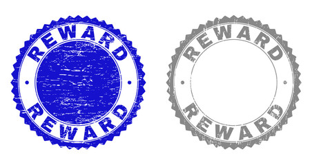 Obraz premium Grunge REWARD stamp seals isolated on a white background. Rosette seals with grunge texture in blue and grey colors. Vector rubber stamp imprint of REWARD caption inside round rosette.