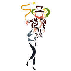 fat rich man sits on the shoulders of the thin and the poor, the whip and the bag in his hands