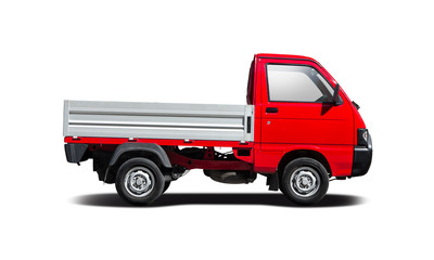 Red pick up van side view isolated on white